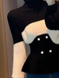 Gentle Little Fragrant Black And White Half-High Collar Lotus Side Long-Sleeved Sweater Knitted Women's Autumn And Winter Repair