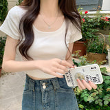 Solid Color Short-Sleeved T-Shirt Women 2025 Summer New Hong Kong Wind Chic Design Round Collar Short Elastic Sympath