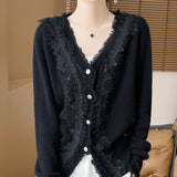 Heavy Industry Fashion Age-Retro-Weighted Women's V-Neck With Lace Lace Tops Autumn Korean Knitwear Coat