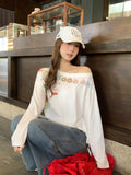 White Letter Graffiti Prints Oblique Shoulder Long-Sleeved Women's T-Shirt Autumn New Folding Loose Inside The Bottom Shirt Top