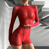 2025 Summer New Mesh Trousers Sexy Hottie Body Sweater Solid Color Bare Back Tight Height Waist Jumpsuit