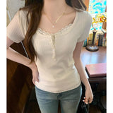 Tight Body Thin Shoulder U Collar Spliced Broken Flower Short-Sleeved T-Shirt Girl Spring And Summer Pure Lust Bm Wind Half-Opened Two-Piece Blouse