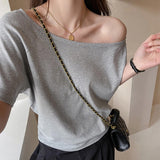 Pure Cotton Shoulder Oblique Shoulder Light Blue Loose Short-Sleeved T-Shirt Women Wear High-End Casual Shoulder Design Top