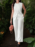 Spring And Summer 2025 New Women's Solid Color Jacket Sleeveless Belt Two Sets Of Trouser Casual Set