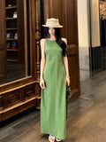 Vintage Green Vest Dress 2026 Summer New Waist Thin Temperament High Sense A Word Long Dress Girl Ins