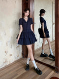 French Spice Girls V Collared Thin Hepburn Style Dress Women's Summer Retro Body Soaked-Sleeved Cake Skirt