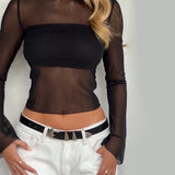 Summer Hot Net Yarn Bottom Top Coat Long Sleeve Perspective Inside The New Hot Girl T-Shirt