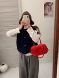 Ankola Red Folded Knitted Sweater Vest Vest For Women's Autumn And Winter Outside The Shoulder Loose Short Horse Clip Small Vest