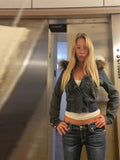 2025 Early Autumn Retro Removable Casual Hair Collar Short Denim Jacket + Hair Fashion Temperament