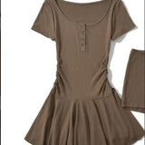 Gray U-Neck Short-Sleeved Dress Woman Summer Small Folded Waist A Skirt Babes Tling Skirt