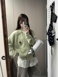 Korean Early Autumn Atmosphere Wearing A Green Collar Buckle Knit Shirt Sweater Women's Loose Coat Top