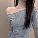 Pure Cotton Oblique Shoulder Collar Long-Sleeved T-Shirt Girl Early Autumn Sweet Hot Girl Folded Waist Short Hidden Blue White Top