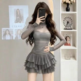 Light Luxury Temperament Mesh Splicing Long Sleeve Deep High-Neck Cake Skirt Women's High-End Feel French Banquet Dress