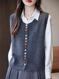 French Retro Buckle Round-Neck Knitted Vest Cardigan Women's Sleeveless Vest Sweater 2025 Autumn Folded Top