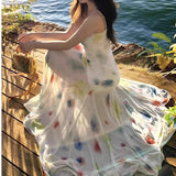 Summer Watercolor Hanging Dress Women 2025 Summer New Small Long Irregular Dress With Fishtail Skirt