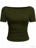 Hottie Solid Color Boat Collar Horn Sleeve T-Shirt Girl 2025 Autumn Dress Folds Thin Tops Long Sleeve