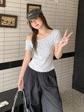 Korean Hottie Sexy Collared Shoulder Striped Short-Sleeved T-Shirt Girl New Summer Ootd Wear Super Good-Looking Top
