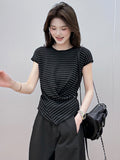 Irregular Round-Neck Short-Sleeved Ice Silk Knitted Women 2025 Summer New Fashion Ocean Design Feel Waist Top
