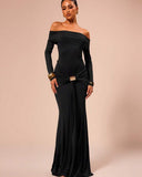 Women's Clothing 2025 Winter New Fashion Temperament Word Shoulder Long-Sleeved Wrinkles Body-Body-To-Sting Dress Dress Woman