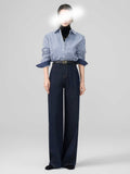 Spring Gem Blue-Legged Jeans High-Rise Retro Stripe Folded Shirt-Wearing Set