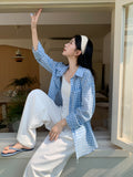 Designing A Blue Check-In Long-Sleeved Shirt For Women 2026 Summer New Commuter Loose Relaxation Small Top