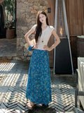 Blue Broken Flower Oil Painting With A Half-Dressed Woman 2026 Summer New Slimming Slime V-Neck Short-Sleeved T-Shirt Two-Set