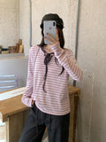 Pink Striped Strap Design Sense Round Collar Long-Sleeved T-Shirt Women Early Autumn Loose Lazy Bottom Shirt Inside The Top