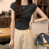 Wine Red Round Collar Straight Shoulder White Short-Sleeved T-Shirt Girl Summer Small Man Folded Waist Bow Blouse
