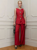 Women's Fashion Gold Buttoned Vest Trousers Two-Piece Casual Suit Women
