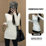 White Shoulder Velvet Long-Sleeved T-Shirt Girl Spring And Autumn Winter Korean Simple Repair Inside Plus Velvet Bottom Shirt Blouse Tide