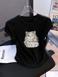 Pure Cotton Short-Sleeved Female Design Sense Niche Cat Print Short-Sleeved T-Shirt Summer Body Straight Shoulder Chic Beautiful Top