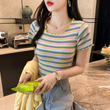 Rainbow Striped Cotton Short-Sleeved T-Shirt Women's Summer 2025 New Super-Fire Slimming Wood-Eared Top