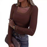 2026 New Burst Threaded Pit Strips Long-Sleeved Sexy U-Neck Casual Women's T-Shirt