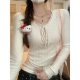 Early Autumn French Lace Lace Tie With Long-Sleeved Knitted Shirt For Women's Short Texture Sweater