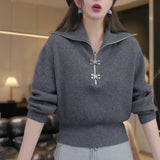 2025 New Autumn And Winter Korean Version Of The Pure Color Simple Half-String Knitted Shirt Commuter Small Long-Sleeved Sweater Woman