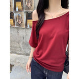 One Word Shoulder Oblique Shoulder Two Wearing Black Open Shoulder Short Sleeve T-Shirt Girl Summer Lazy Wind Loose Loose Loose Slender Feeling Top