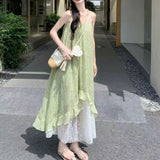 French 2025 Printed Summer Splicing New Seaside Slings Holiday Temperament Irregular Dress Skirt