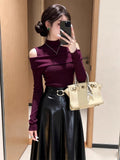Red Small Open Shoulder Collar Knitted Bottom Shirt Woman With Autumn And Winter Unique French Sweet Hottie Top