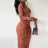 Hot Sales 2025 Spring And Summer Long-Sleeved Dress Print Round Neck Tight Dress Body Medium Long Dress