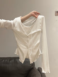Wood Ear Unique Collar Long-Sleeved T-Shirt Women's Fake Two Single Buckle Shirt Early Autumn Wearing V-Neck Bottom Shirt