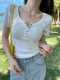 Small Tight Hottie Shoulder Short-Sleeved T-Shirt Girl Summer Simple Buckle Design Short Thin Clothes