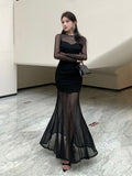 2025 Spring Dress New French Temperament Sister Senior Feeling Evening Dress Famous Black Mesh Yarn Long-Sleeved Dress Woman