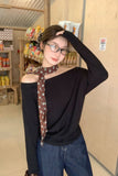Pure Desire A Word Shoulder Gray Angle Shoulder Long-Sleeved T-Shirts For Women's Autumn Loose Bottom Shirt Languid Chic Beauty Top