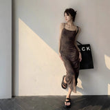 French Cold Wind Black Print Sling Dress Women's High-End Design Waist Thin Sister Style Long Dress