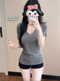 Lazy Wind Loose Thin V-Neck Short-Sleeved T-Shirt Girl 2025 New Bat Sleeves With Fashion Temperament