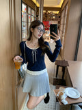 Tibetan Blue Wood Ear Long-Sleeved T-Shirt 2026 Spring Korean Design Fake Two Stitching Bottom Of The Coat