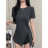 European Gray V-Neck Short-Sleeved Summer T-Shirt Girl 2025 New Design To Repair The Slim Solid Color Fish Bone Waist Top