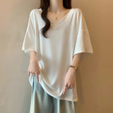 Large-Size Fat MM Korean Version Of Leisure Lazy Wind V-Neck Short-Sleeved T-Shirt Women's Summer New Loose Thin Meat Clothes