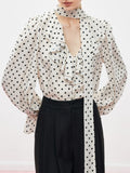 New French Bow Ribbon Wave Dot Card Dotted Shirt Women Autumn Long-Sleeved Temperament Ribbon Blouse