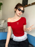 Red Oblique Shoulder Bow Design Sense Short-Sleeved T-Shirt For Women's New Lace Lace Splicing Tops In Summer 2026